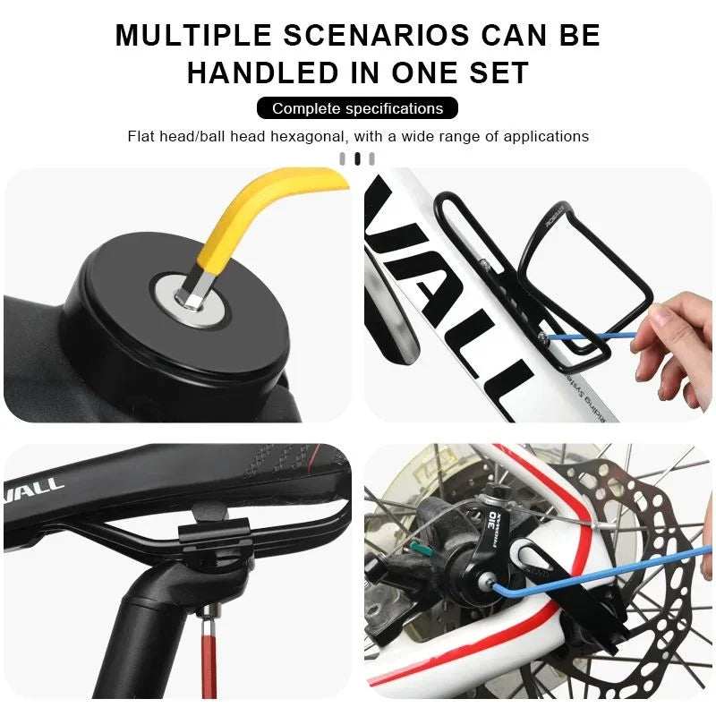 Bicycle hex key set with flat and ball‑end openings — MTB bike repair tool kit made from S2 and CR‑V steel; colorful hexagon spanner set