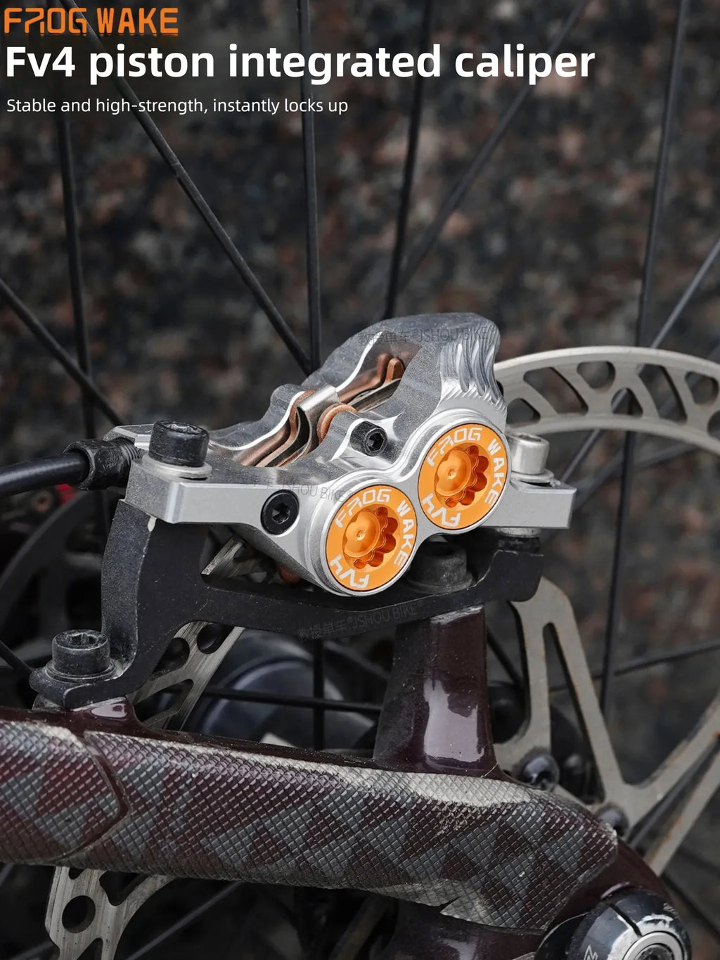 FROGWAKE FV4 4‑piston hydraulic disc brake — split‑type internal‑cable MTB brake system with inline radial levers and high‑performance calipers; premium mountain bike parts