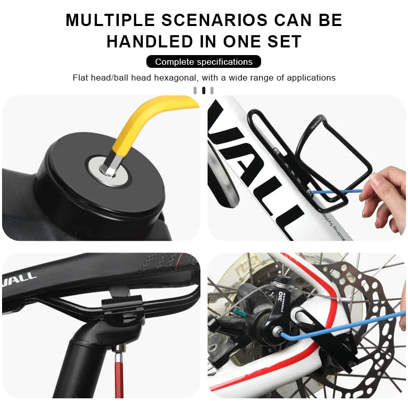 Bicycle hex key set made from S2 and CR‑V steel — colorful hexagon spanner kit with flat and ball‑end openings for MTB bike repair and servicing