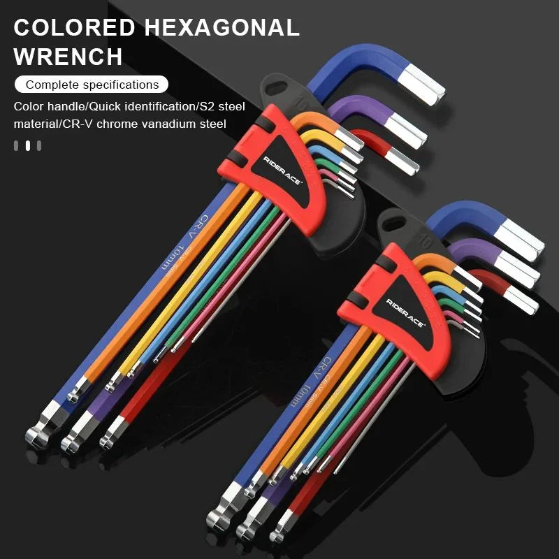 Bicycle hex key set with flat and ball‑end openings — MTB bike repair tool kit made from S2 and CR‑V steel; colorful hexagon spanner set