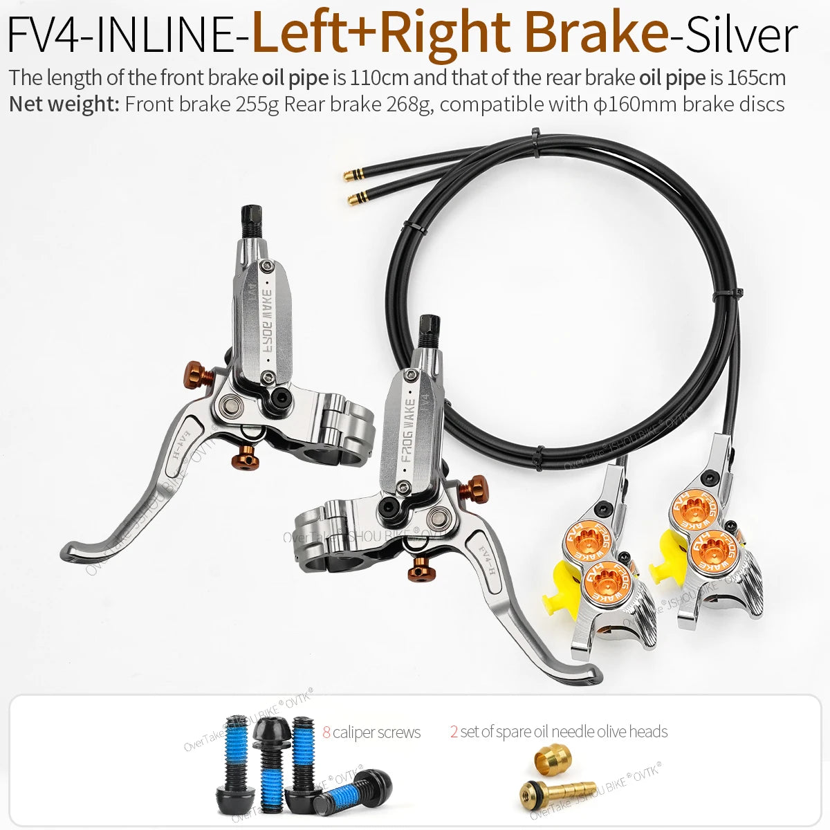 FROGWAKE FV4 4‑piston hydraulic disc brake — split‑type internal‑cable MTB brake system with inline radial levers and high‑performance calipers; premium mountain bike parts