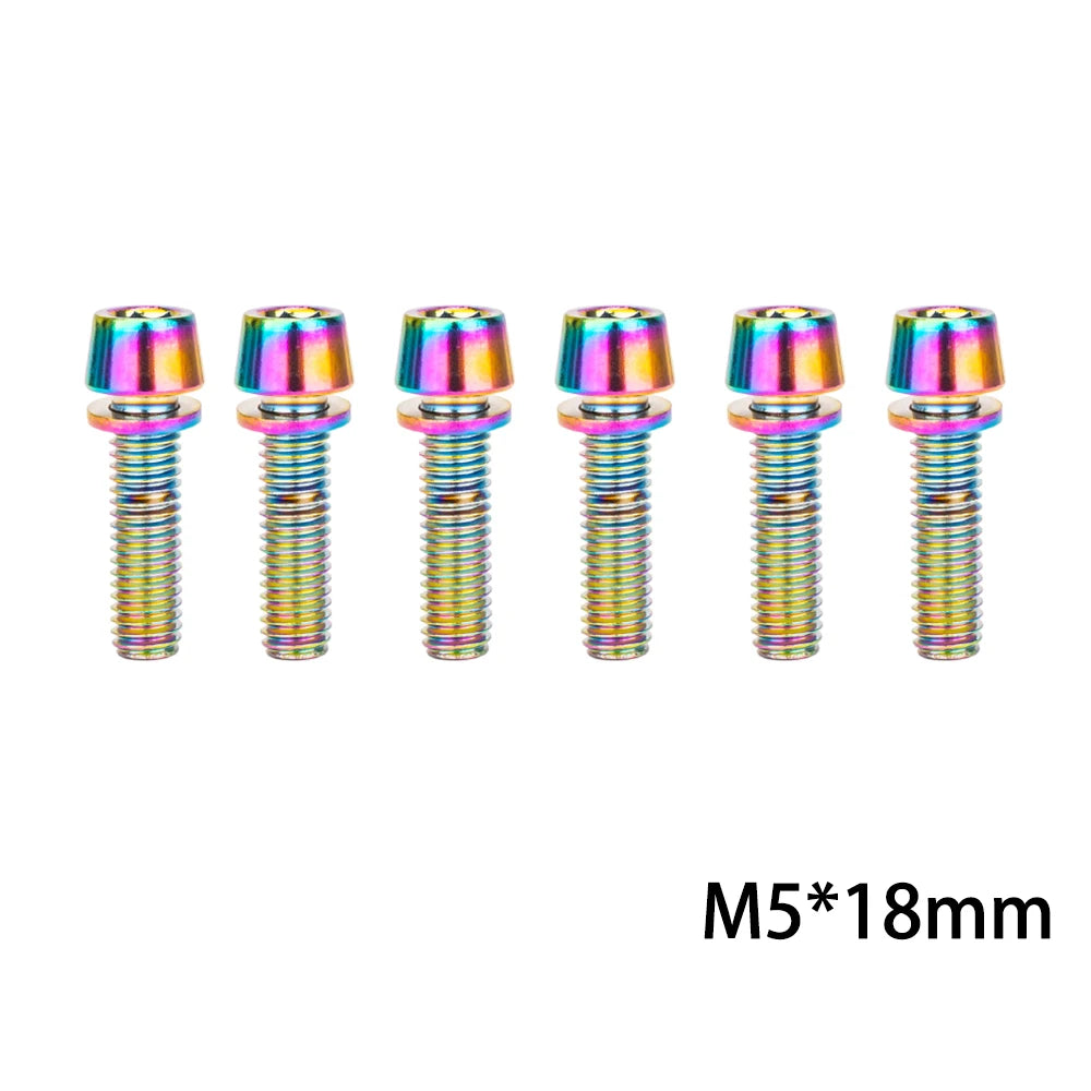 6‑piece MTB/road bike stem bolt set — M5×18 mm and M6×18 mm handlebar stem riser screws with matching washers; durable replacement bicycle hardware