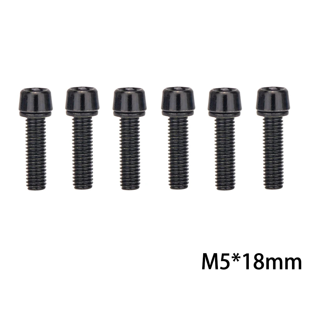 6‑piece MTB/road bike stem bolt set — M5×18 mm and M6×18 mm handlebar stem riser screws with matching washers; durable replacement bicycle hardware