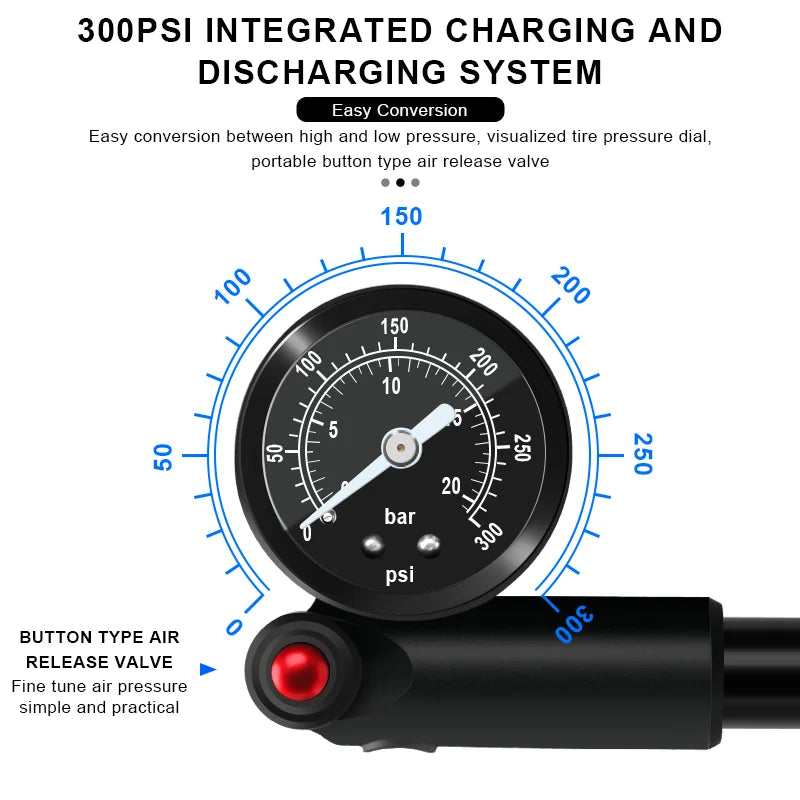 High‑pressure bicycle pump with gauge — portable hand tire inflator and air shock pump for fork; compatible with Schrader (AV) and Presta (FV) valves