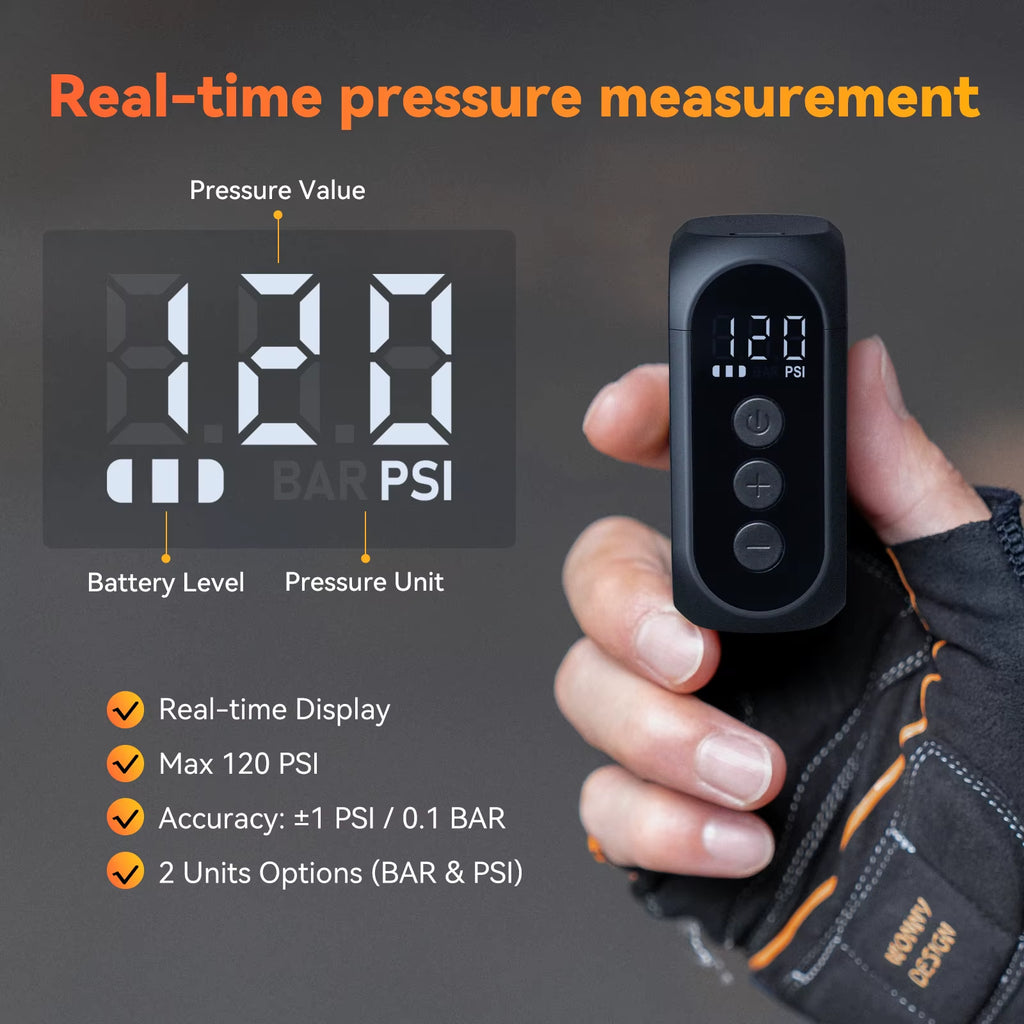 AT1 Pro Mini Electric Pump for Bike Cordless Tire Inflator with Screen 25 Mins Fast Charging 120PSI Max 450Mah Battery