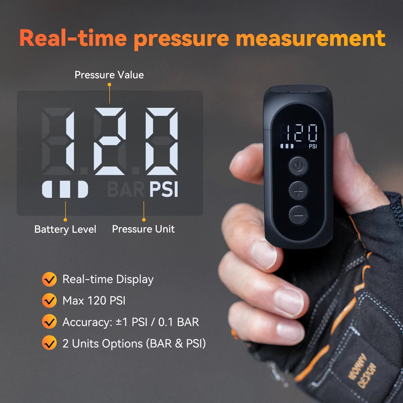 AT1 Pro Mini Electric Pump for Bike Cordless Tire Inflator with Screen 25 Mins Fast Charging 120PSI Max 450Mah Battery