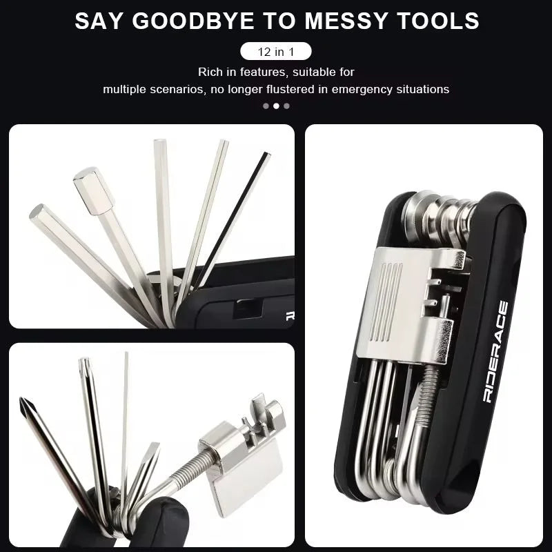 Portable bicycle multi‑tool — 12‑in‑1 bike repair kit with chain splitter/cutter, hex keys, spoke wrench, and screwdriver