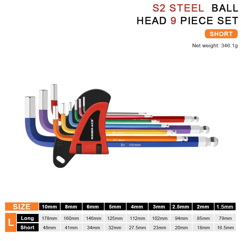Bicycle hex key set made from S2 and CR‑V steel — colorful hexagon spanner kit with flat and ball‑end openings for MTB bike repair and servicing