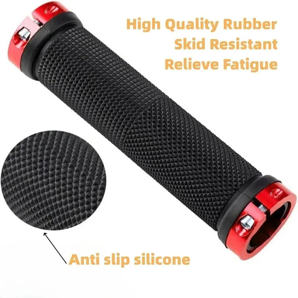 Bicycle lock‑on rubber grips — anti‑slip MTB/mountain bike handlebar grips with alloy lock cuffs; durable ergonomic BMX cycling accessories