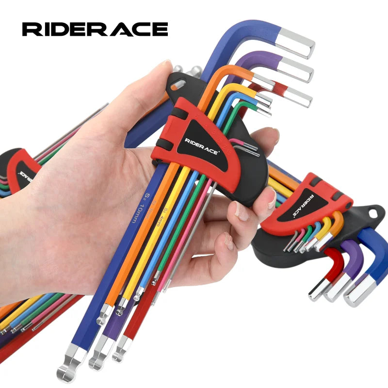 Bicycle hex key set made from S2 and CR‑V steel — colorful hexagon spanner kit with flat and ball‑end openings for MTB bike repair and servicing