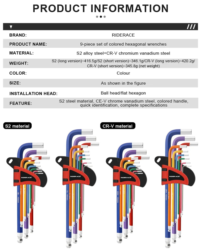 Bicycle hex key set made from S2 and CR‑V steel — colorful hexagon spanner kit with flat and ball‑end openings for MTB bike repair and servicing