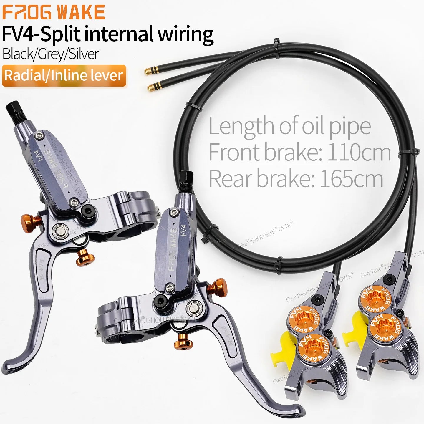 FROGWAKE FV4 4‑piston hydraulic disc brake — split‑type internal‑cable MTB brake system with inline radial levers and high‑performance calipers; premium mountain bike parts
