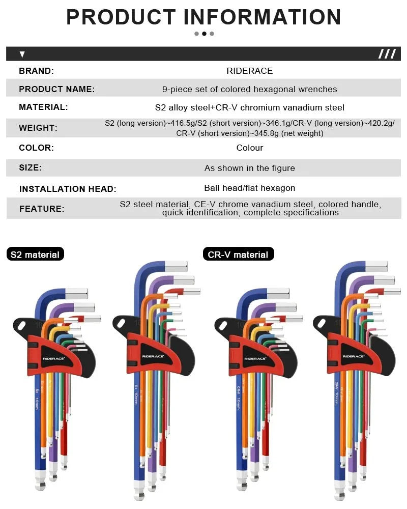 Bicycle hex key set with flat and ball‑end openings — MTB bike repair tool kit made from S2 and CR‑V steel; colorful hexagon spanner set
