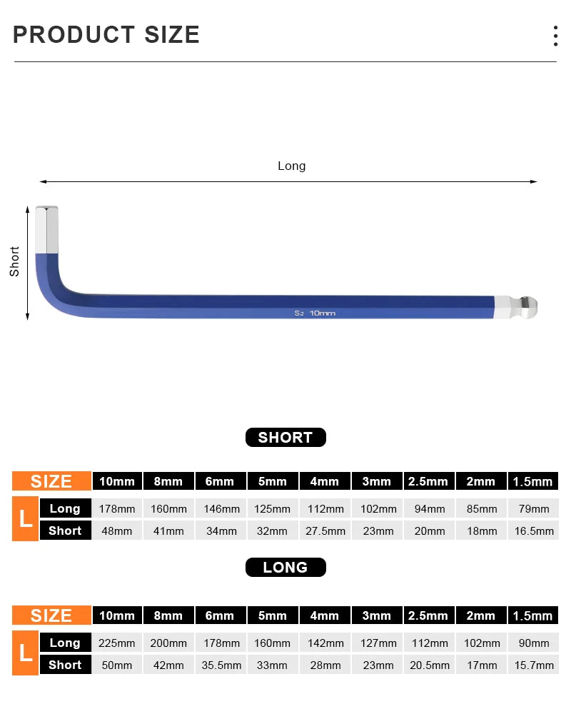 Bicycle hex key set made from S2 and CR‑V steel — colorful hexagon spanner kit with flat and ball‑end openings for MTB bike repair and servicing