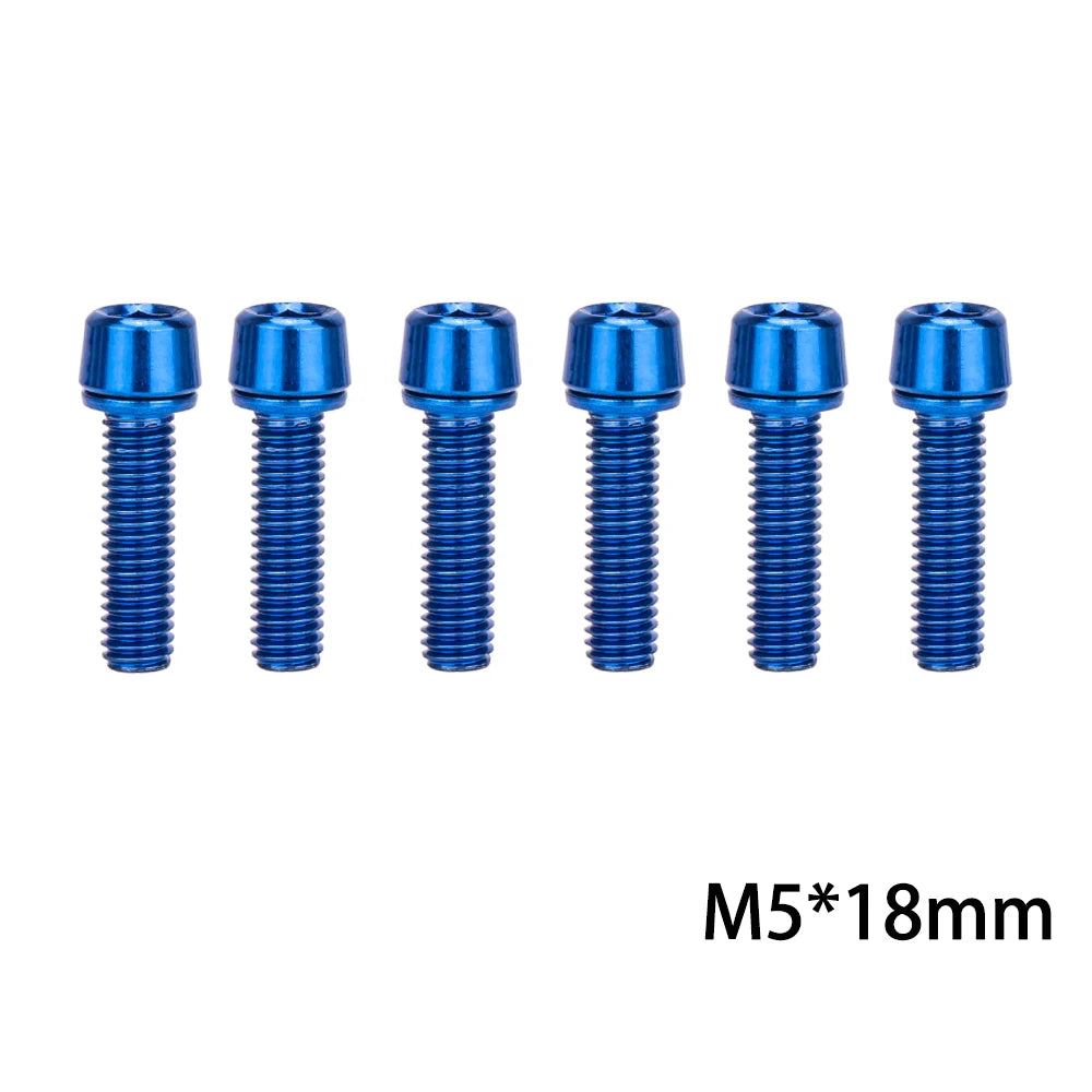 6‑piece MTB/road bike stem bolt set — M5×18 mm and M6×18 mm handlebar stem riser screws with matching washers; durable replacement bicycle hardware