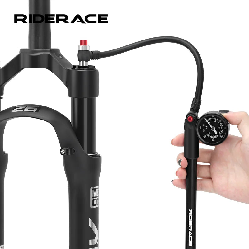 High‑pressure bicycle pump with gauge — portable hand tire inflator and air shock pump for fork; compatible with Schrader (AV) and Presta (FV) valves