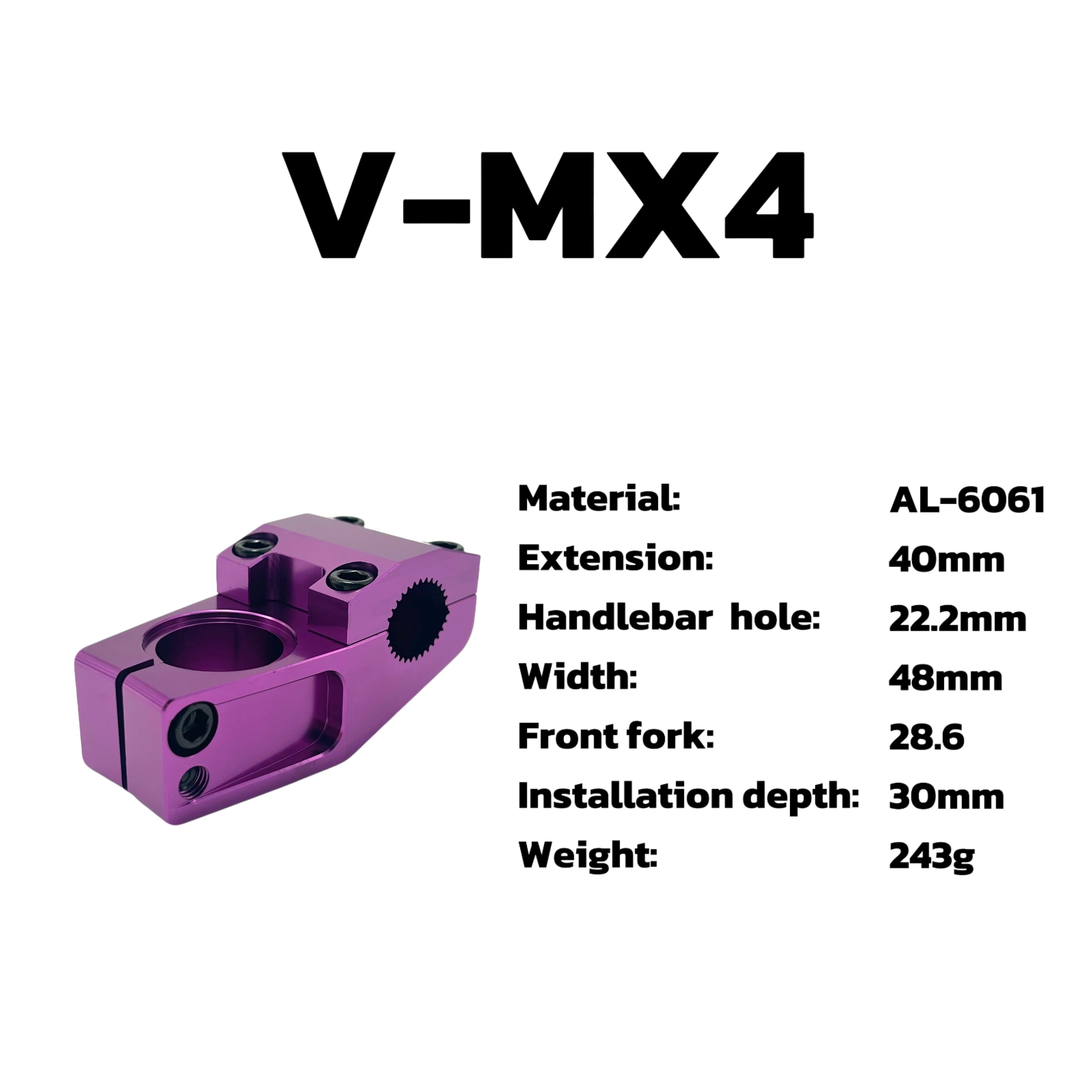 BMX Stem V‑MX4 (22.2 mm) — CNC aluminum alloy short handlebar stem for BMX racing and MTB; ideal for custom bike builds and accessories