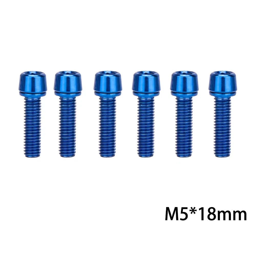 6‑piece MTB/road bike stem bolt set — M5×18 mm and M6×18 mm handlebar stem riser screws with matching washers; durable replacement bicycle hardware