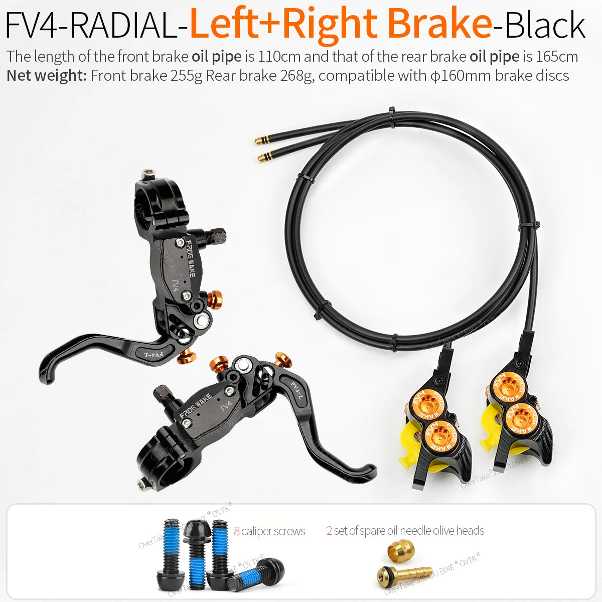 FROGWAKE FV4 4‑piston hydraulic disc brake — split‑type internal‑cable MTB brake system with inline radial levers and high‑performance calipers; premium mountain bike parts