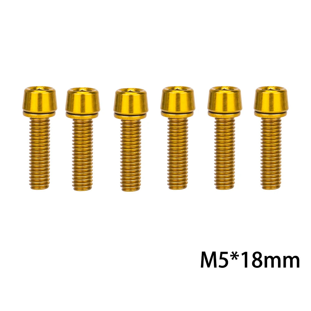 6‑piece MTB/road bike stem bolt set — M5×18 mm and M6×18 mm handlebar stem riser screws with matching washers; durable replacement bicycle hardware