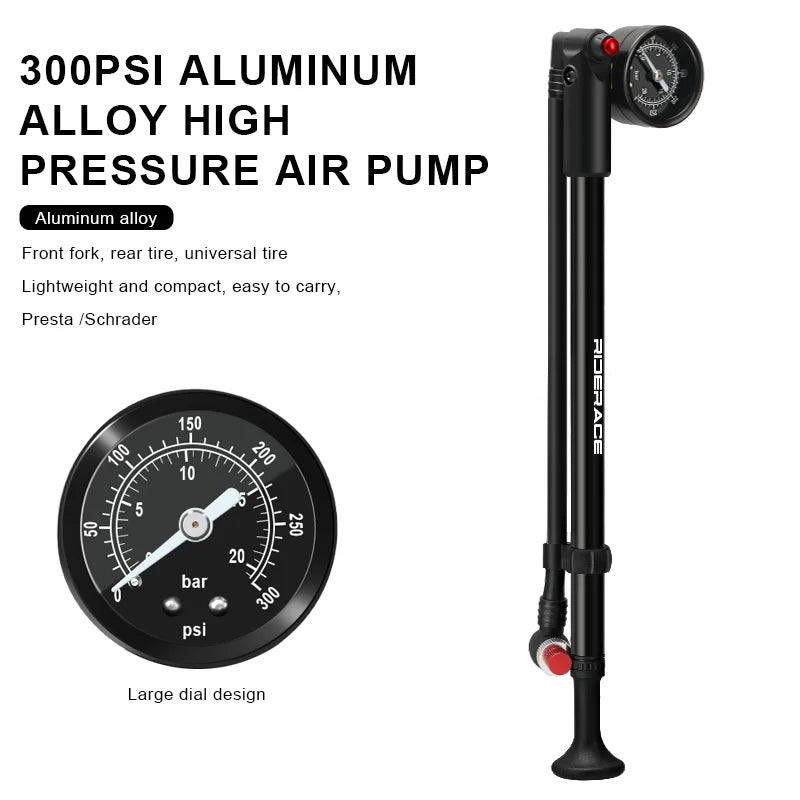 High‑pressure bicycle pump with gauge — portable hand tire inflator and air shock pump for fork; compatible with Schrader (AV) and Presta (FV) valves