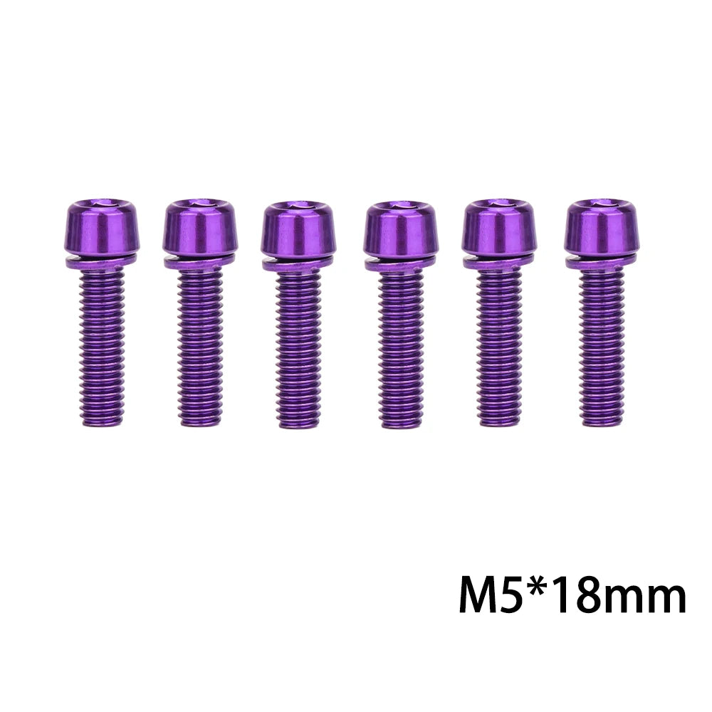 6‑piece MTB/road bike stem bolt set — M5×18 mm and M6×18 mm handlebar stem riser screws with matching washers; durable replacement bicycle hardware