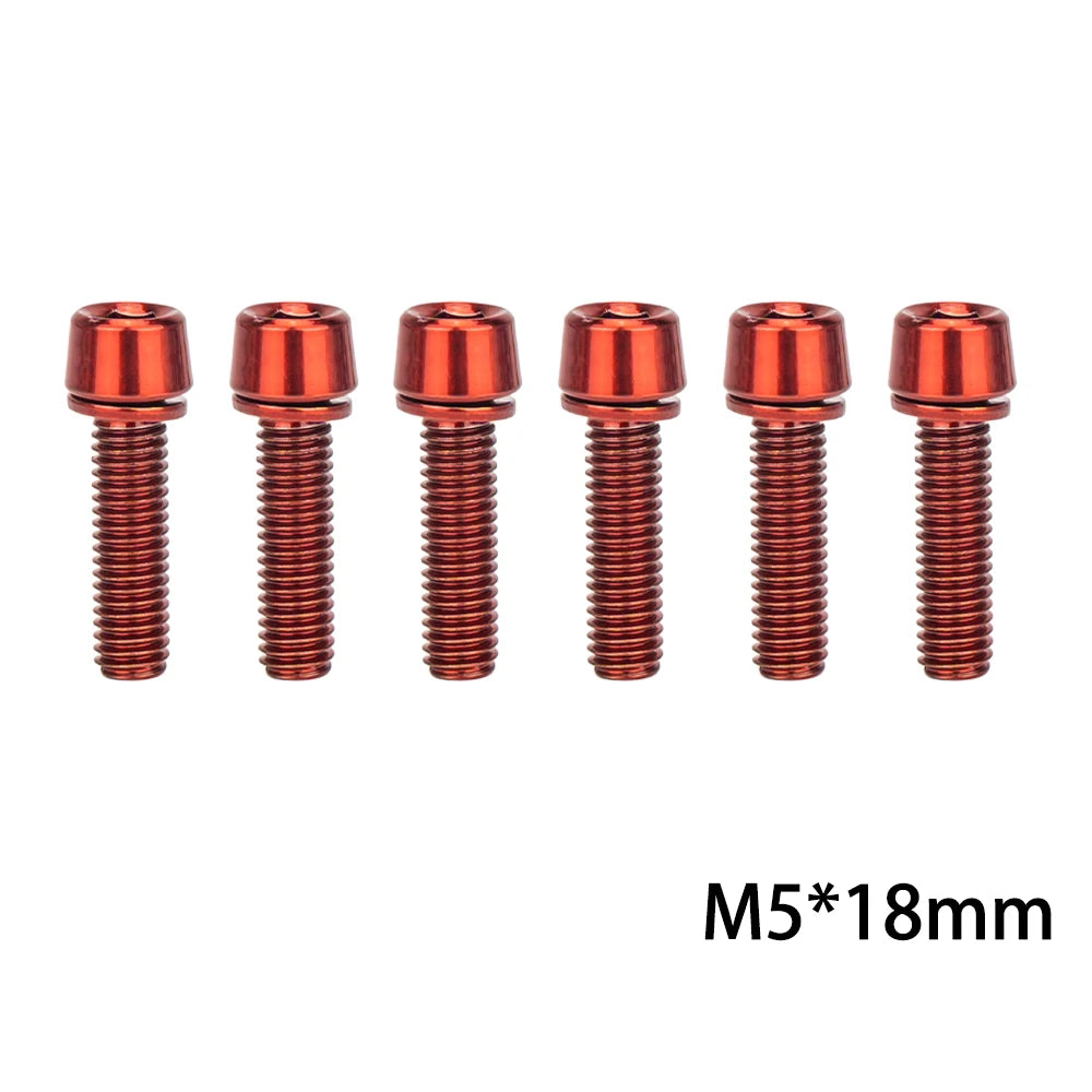 6‑piece MTB/road bike stem bolt set — M5×18 mm and M6×18 mm handlebar stem riser screws with matching washers; durable replacement bicycle hardware