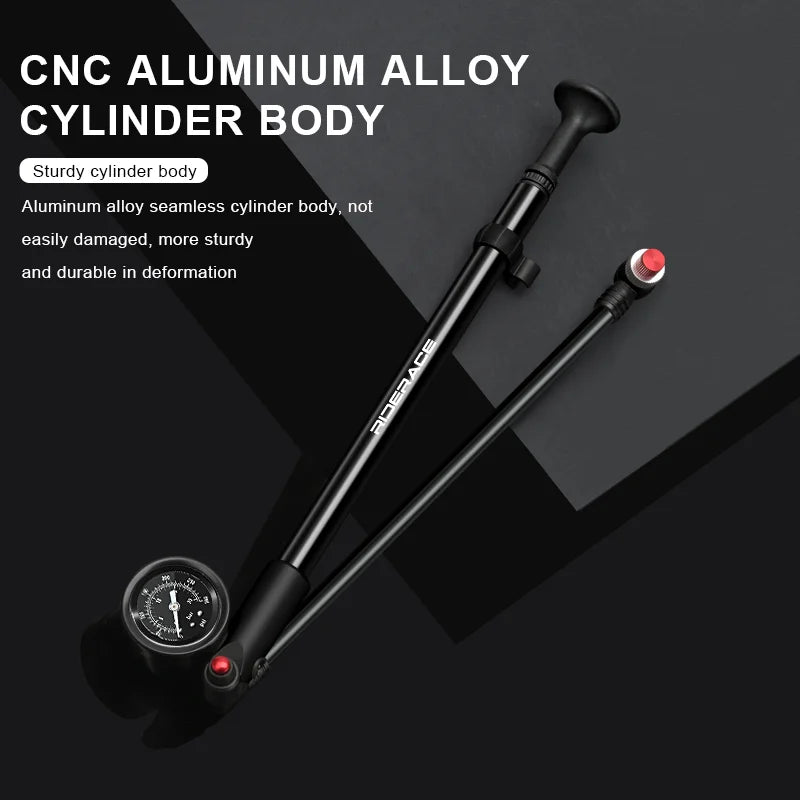 High‑pressure bicycle pump with gauge — portable hand tire inflator and air shock pump for fork; compatible with Schrader (AV) and Presta (FV) valves