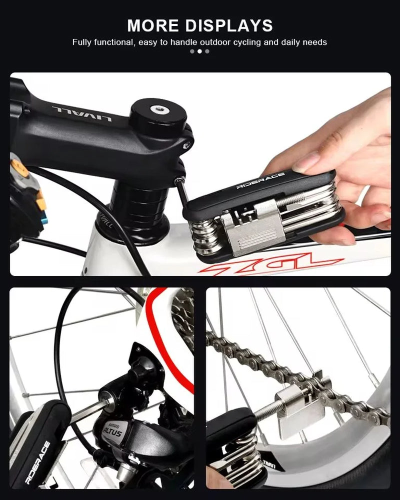 Portable bicycle multi‑tool — 12‑in‑1 bike repair kit with chain splitter/cutter, hex keys, spoke wrench, and screwdriver