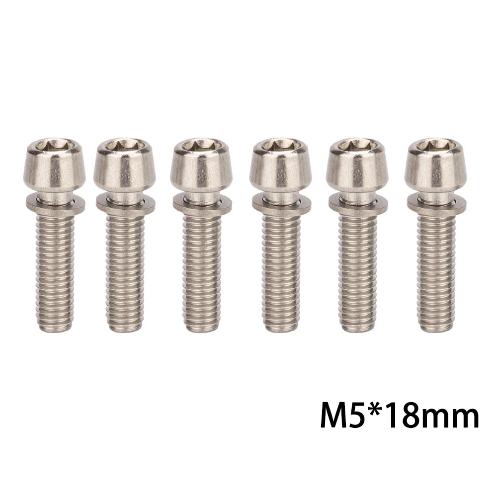 6‑piece MTB/road bike stem bolt set — M5×18 mm and M6×18 mm handlebar stem riser screws with matching washers; durable replacement bicycle hardware