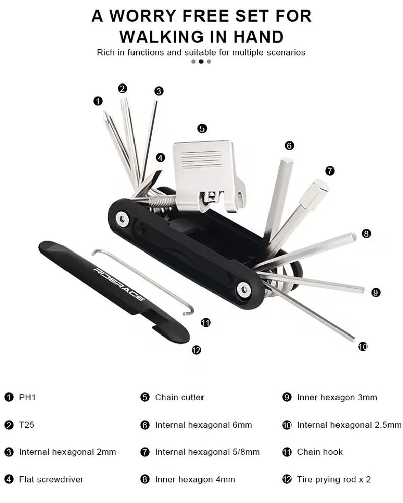Portable bicycle multi‑tool — 12‑in‑1 bike repair kit with chain splitter/cutter, hex keys, spoke wrench, and screwdriver