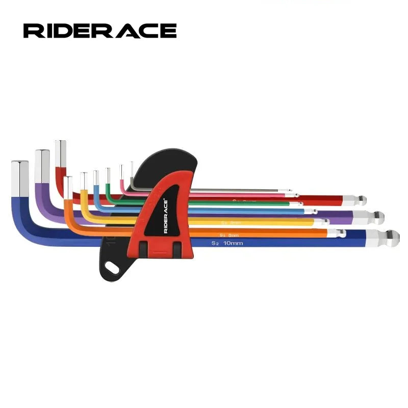 Bicycle hex key set with flat and ball‑end openings — MTB bike repair tool kit made from S2 and CR‑V steel; colorful hexagon spanner set