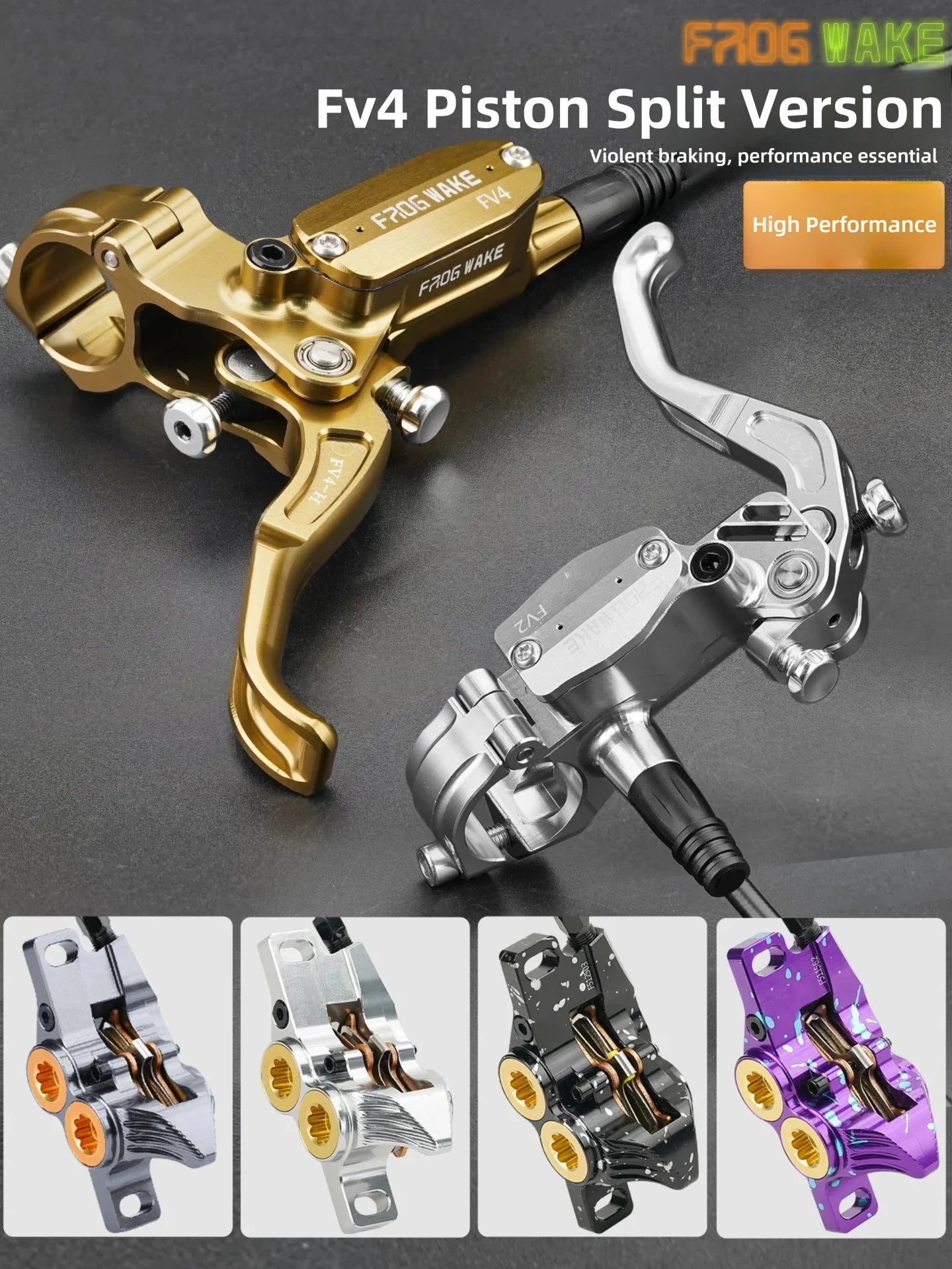 FROGWAKE FV4 4‑piston hydraulic disc brake — split‑type internal‑cable MTB brake system with inline radial levers and high‑performance calipers; premium mountain bike parts